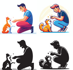 Set of vector and shilhouttes images of men and cats on a white background