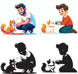 Set of vector and shilhouttes images of men and cats on a white background