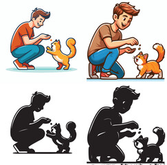 Set of vector and shilhouttes images of men and cats on a white background