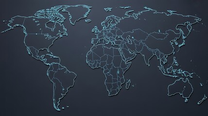 Digital glowing world map with interconnected lines and nodes, representing global network and data
