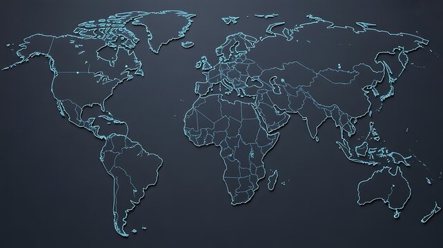 Digital glowing world map with interconnected lines and nodes, representing global network and data