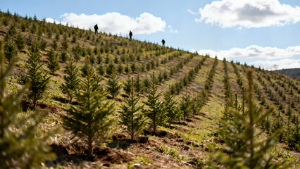 Silhouettes of three people working on a sunny, sloping field, carefully planting small sapling trees in neat, parallel rows across the hillside under a blue sky.