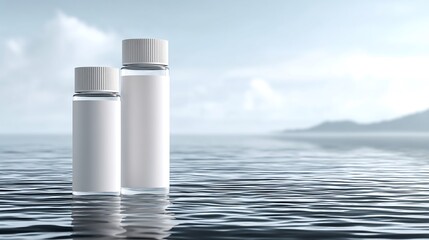 Two clear bottles, with blank labels, on a rippled water with mountains in the background.