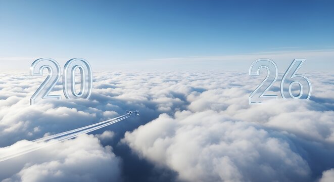 Transparent numbers 2024 floating above a sea of fluffy white clouds under a clear blue sky