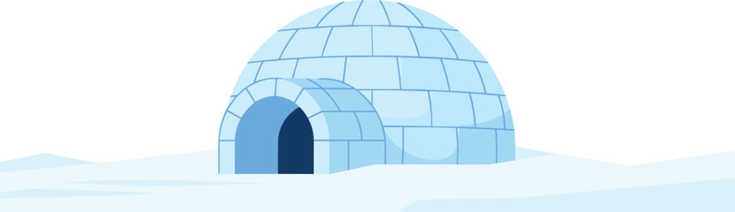 Snow-covered igloo on icy landscape, traditional arctic shelter made from ice blocks, polar winter scene with frozen dome and entrance illustration
