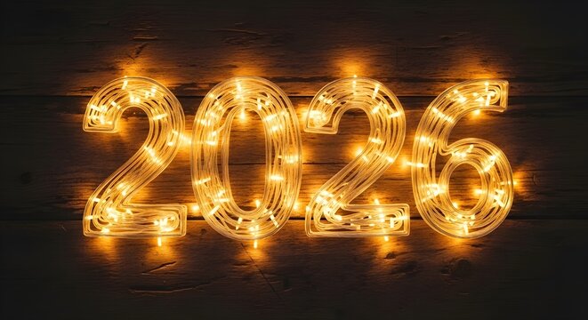 Illuminated 2026 numbers crafted from warm white fairy lights against a dark textured background