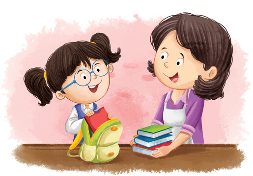 Girl Packing School Bag with Teacher