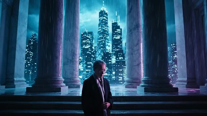 man in suit adjusts tie and scarf near column. city skyline frames night architecture and building cluster. hand touches lapel on coat. stone stair and marble entrance present. glass window detail. - Powered by Adobe