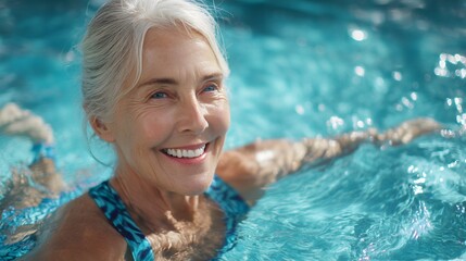 Boomer woman doing aqua aerobics in pool while embracing a healthy lifestyle and summer enjoyment