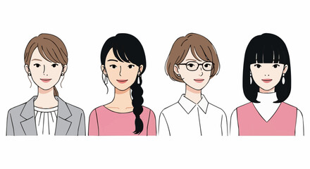 Naklejka premium Business Women Portraits – Flat Vector Illustration of Professional East Asian Women in Business Casual Attire