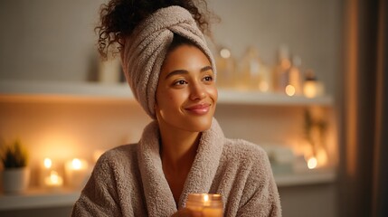 Young woman in a bathrobe enjoying a relaxing spa day at home surrounded by cozy candles