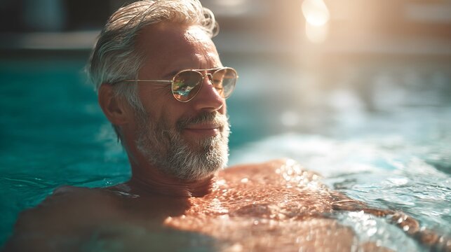 Boomer man swimming in pool under bright sunlight promoting active lifestyle and leisure time - Powered by Adobe