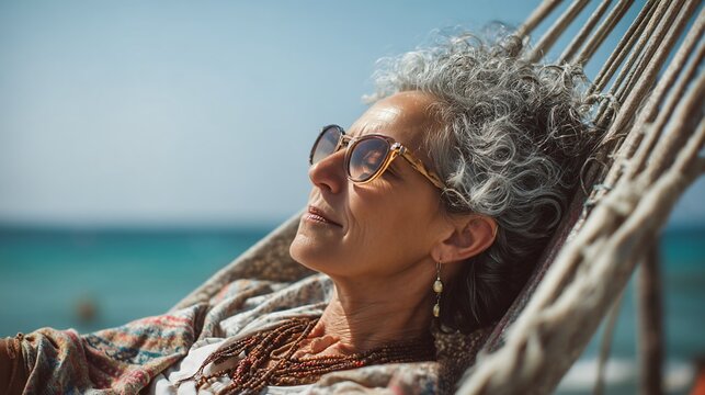 Boomer woman relaxing on a hammock by the seaside enjoying a peaceful and serene vacation moment