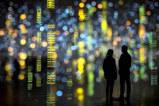 Exploring genetic frontiers: analyzing dna in dimly lit expert rooms. Ai evolution. Dim room, large dna displays: experts review advanced genetic research. Digital intelligence. Neural networks.
