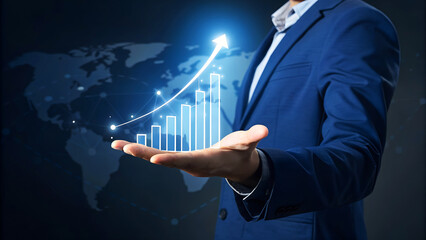 Confident professional presents upward growth chart showcasing global business success and financial progress with modern data visualization