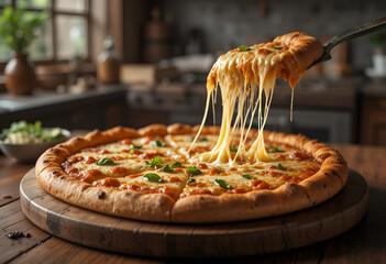 "Freshly baked pizza on a wooden board,
