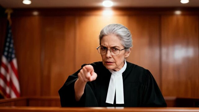 A senior female judge in a courtroom points her finger accusingly. An authoritative woman in a black robe issues a warning or verdict. Law and justice concept