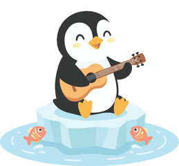 Naklejka premium Happy Penguin Playing Ukulele Cute Animal Music Illustration 