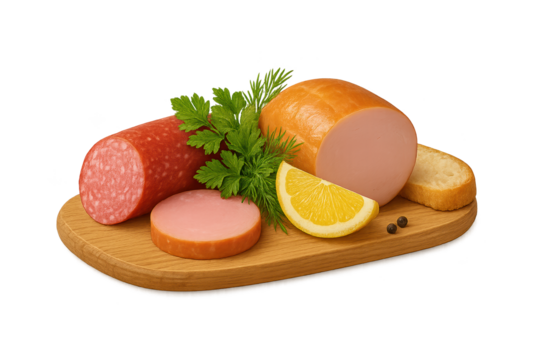 Assorted deli meats with lemon wedge, parsley, and bread on wooden serving board