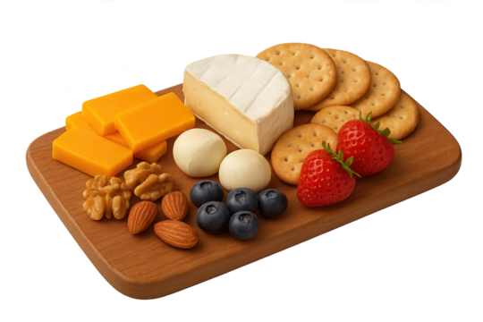 Wooden board features cheddar and brie cheeses, round crackers, strawberries, blueberries, walnuts, almonds, hazelnuts