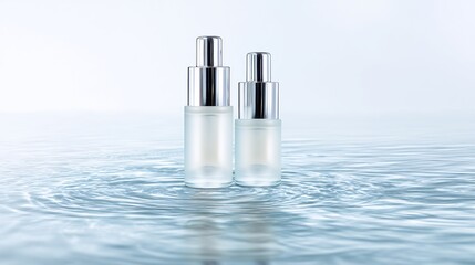 Two elegant cosmetic bottles resting on a of rippling water, clean and minimalist.
