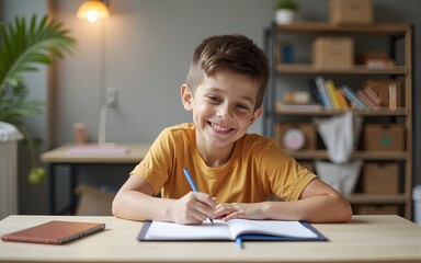 One happy boy doing homework on the desk. High quality