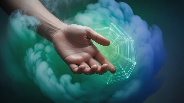 Hand reaching out to a glowing digital network sphere emerging from colorful smoke