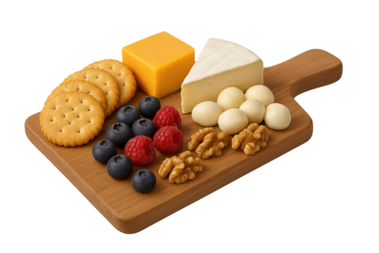 Cheese board with cheddar, Brie, crackers, blueberries, raspberries, walnuts, and small white round sweets on wooden paddle