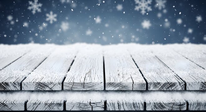 Empty weathered wooden table covered in fresh snow with falling snowflakes in the background during winter - Powered by Adobe
