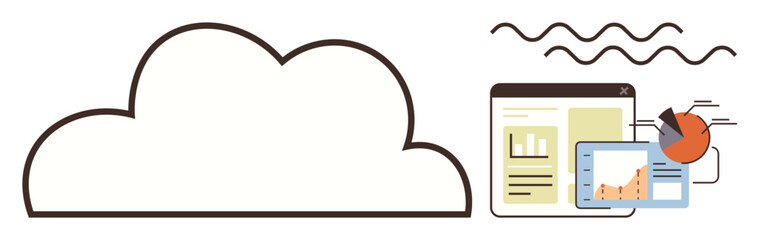 Cloud frame with interconnected dashboard, pie chart, line graph, and analytics tools. Ideal for technology, data management, business intelligence, cloud computing, digital strategy software