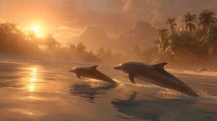 Two Dolphins Leap Through Water Near a Tropical Island During a Sunset.