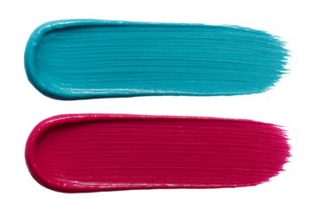 Two vibrant oil paint brush strokes one turquoise and one magenta isolated on transparent background