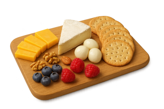 Assorted dairy cheese, crackers, nuts, berries on wooden board