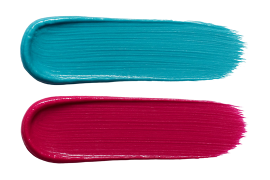 Two vibrant oil paint brush strokes one turquoise and one magenta isolated on transparent background