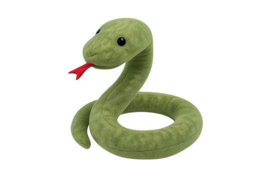Plush green snake toy with red tongue, soft plush, coiled body and black eyes