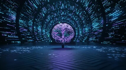 brain floats and glows. ai visualization reveals neural circuit and streaming data. network forms around core. tunnel of light surrounds. surface mirrors glowing structure. digital sphere rotates. - Powered by Adobe