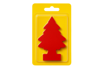 Bright red tree shaped car air freshener hanging in a yellow plastic blister pack isolated on transparent background
