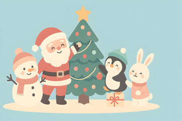 A festive christmas scene featuring santa claus, a snowman, a penguin, and a rabbit decorating a christmas tree, christmas