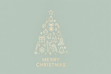Minimalist christmas tree design with golden outline icons, perfect for modern holiday greetings and festive decorations isolated on white background, christmas