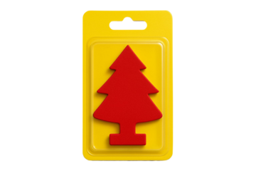 Bright red christmas tree shaped air freshener hanging in its yellow plastic packaging isolated on transparent background