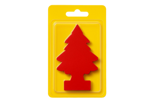 Bright red tree shaped car air freshener hanging in a yellow plastic blister pack isolated on transparent background