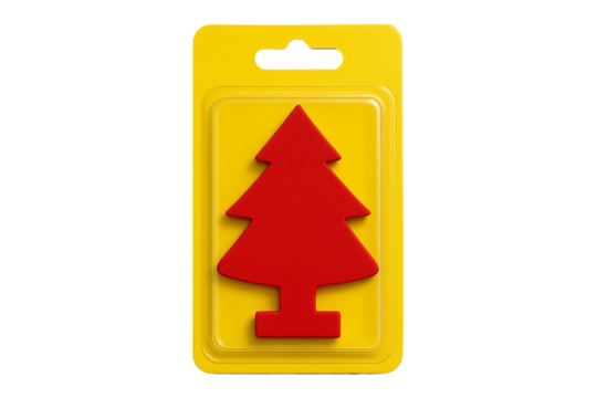Bright red christmas tree shaped air freshener hanging in its yellow plastic packaging isolated on transparent background