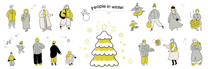 冬の人々_家族,恋人,冬服,冬のファッション,クリスマス,年末年始_手描きイラスト、ゴールド＆シルバー｜Winter people_family, couple, winter clothes, winter fashion, Christmas, New Year holidays_hand-drawn illustration_Gold & Silver
