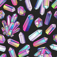Seamless pattern with colorful crystals gems on a black background. Rainbow multicolored gem stones. Mystic witchy background. Mineral, quartz, magical stones.
