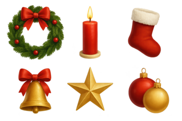 Christmas ornament set including wreath, red candle, stocking, bell, star, and red/gold baubles model: not applicable