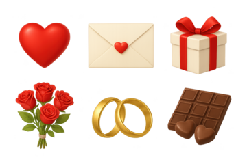 Collage of romantic items: heart, heart-sealed envelope, gift box, rose bouquet, wedding rings, chocolate bar