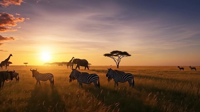 African Safari Sunset - Zebras, Elephants, and Giraffes in Golden Light.