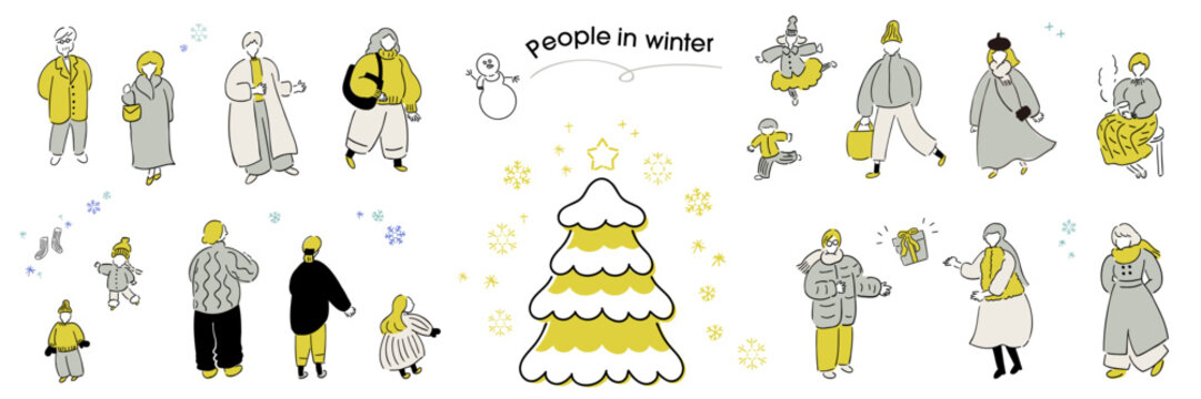 冬の人々_家族,恋人,冬服,冬のファッション,クリスマス,年末年始_手描きイラスト、ゴールド＆シルバー｜Winter people_family, couple, winter clothes, winter fashion, Christmas, New Year holidays_hand-drawn illustration_Gold & Silver
