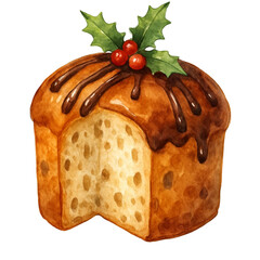 Deliciously decorated christmas fruitcake slice with icing and holly isolated on transparent background