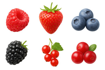 Six assorted berries: raspberry, strawberry, blueberries, blackberry, red currants, and cranberries on transparent background